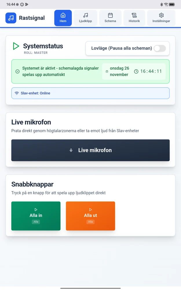 Hemvyn med systemstatus, mikrofon och snabbknappar